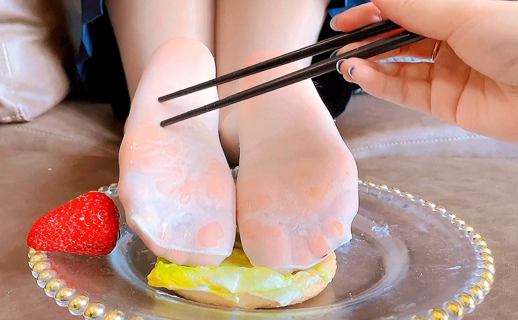 Close-up of creamy nylon toes